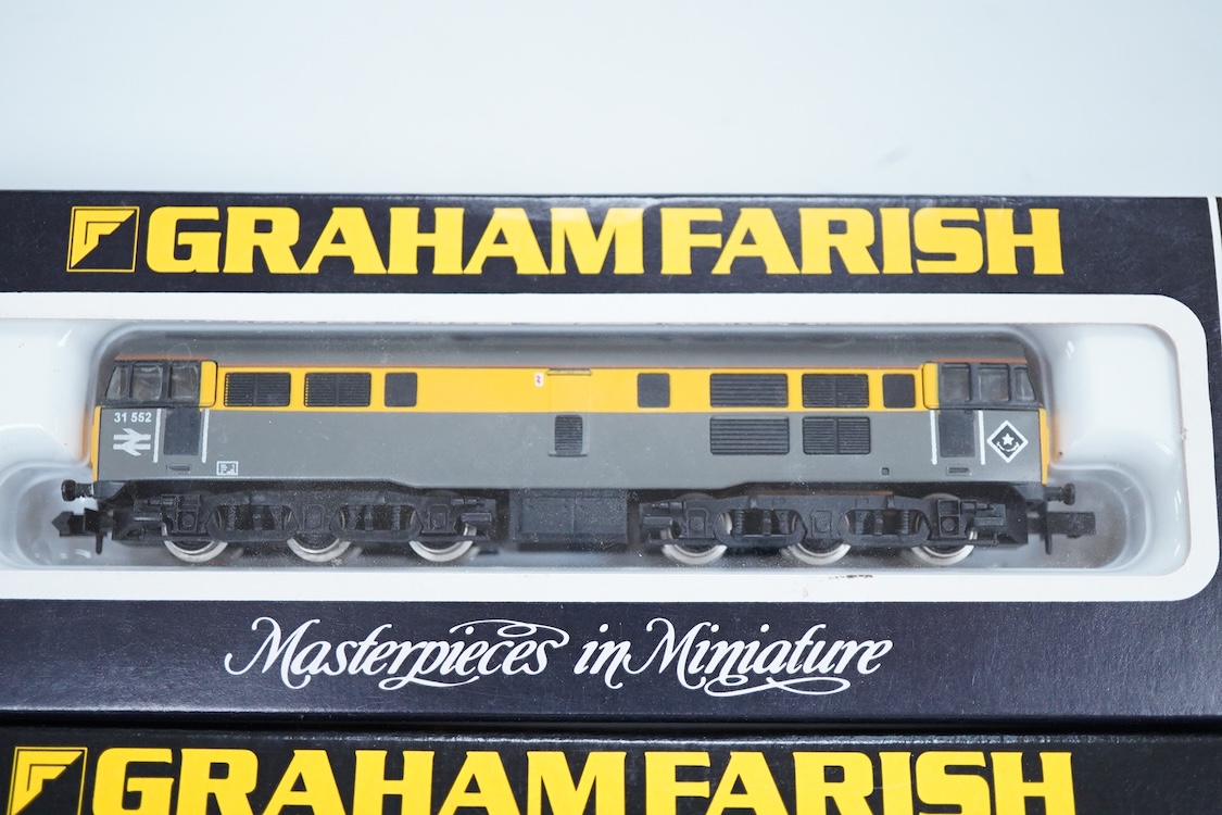 Four boxed Graham Farish N gauge railway diesel locomotives; a BR class 20, 20 215 (8208), a BR class 20, D8144 (8204) (front detached), a BR class 25, D7645, (8304) and a BR class 31, 31 552 (806A).